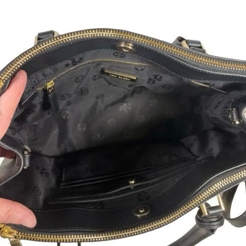 Tory Burch Robinson Black Wild Stitch Leather Double Zip Tote Shoulder Bag Purse